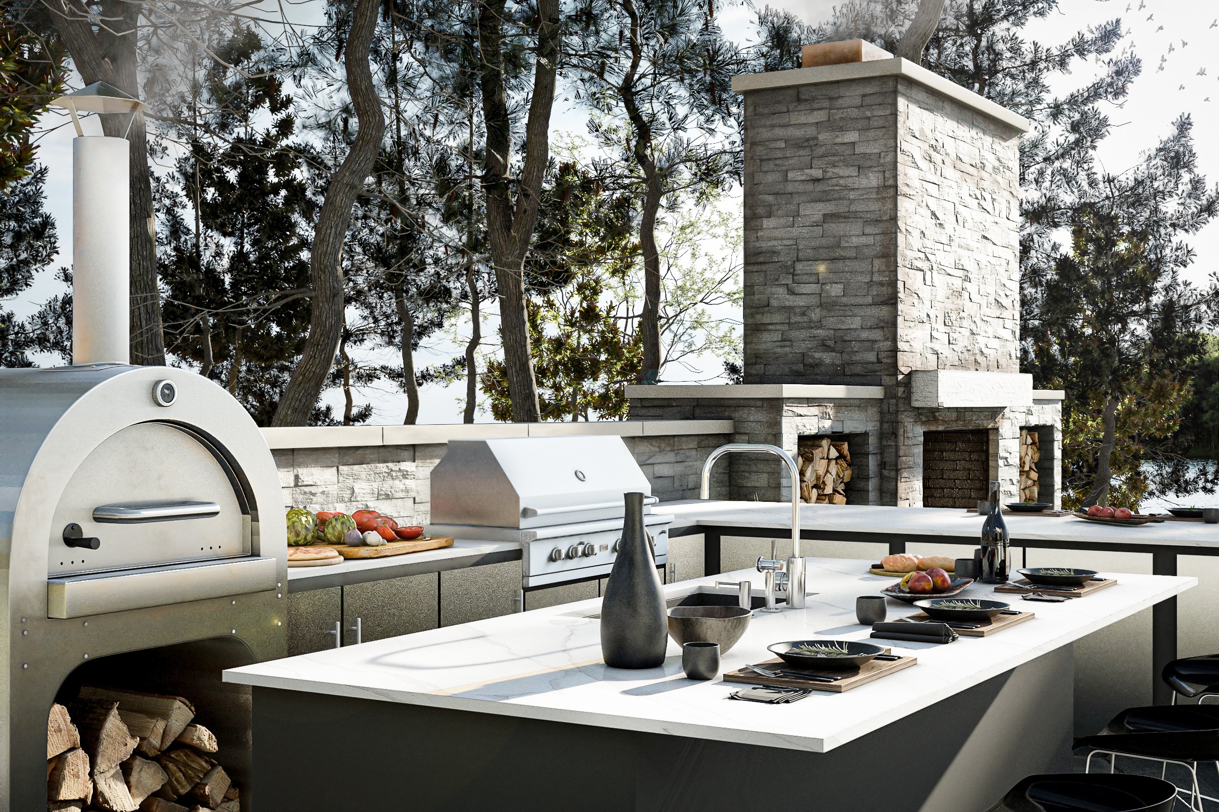 outdoor kitchen for muskoka landscape design with pizza oven, countertop space, sink, grill and outdoor fireplace