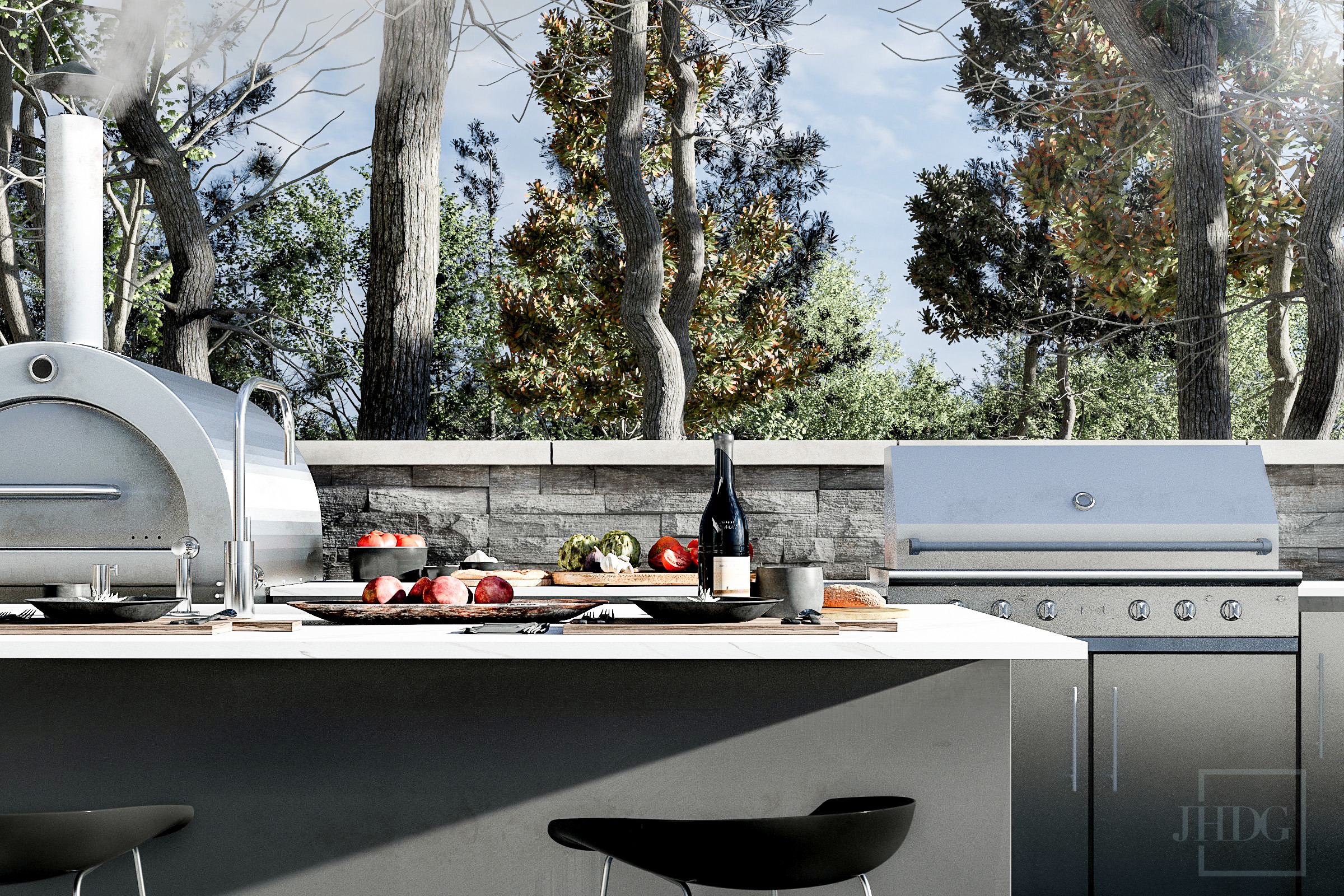 3D render landscape design of an outdoor kitchen with pizza oven and bbq in cottage country