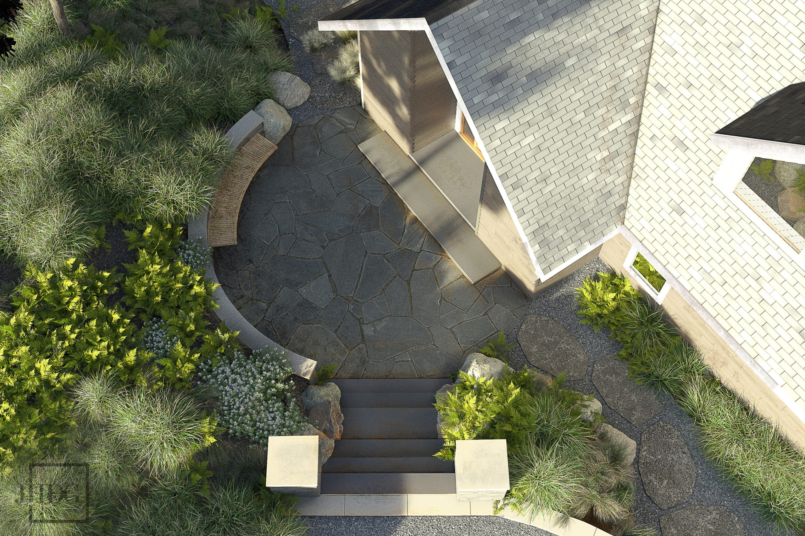 3D Design of front yard and flagstoned porch area with bench seating and stone steps up to parking
