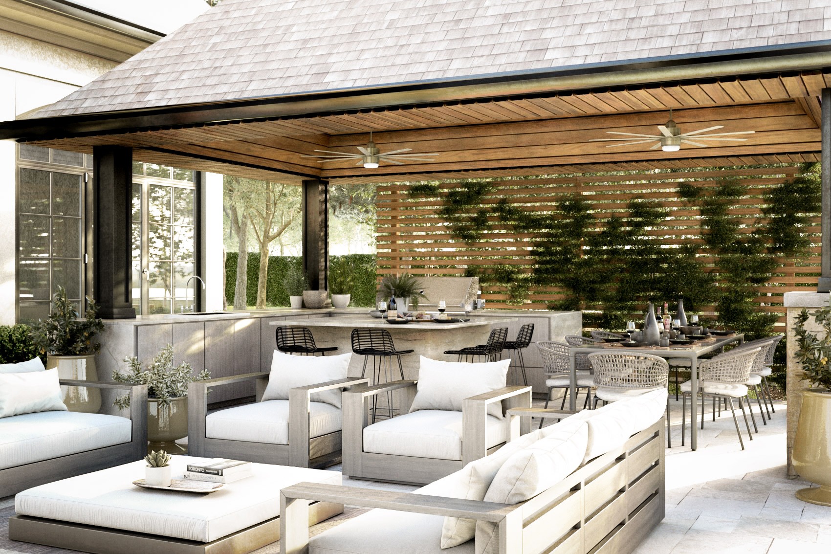 outdoor furniture for seating, entertaining and dining under a custom pergola with an outdoor kitchen and bar