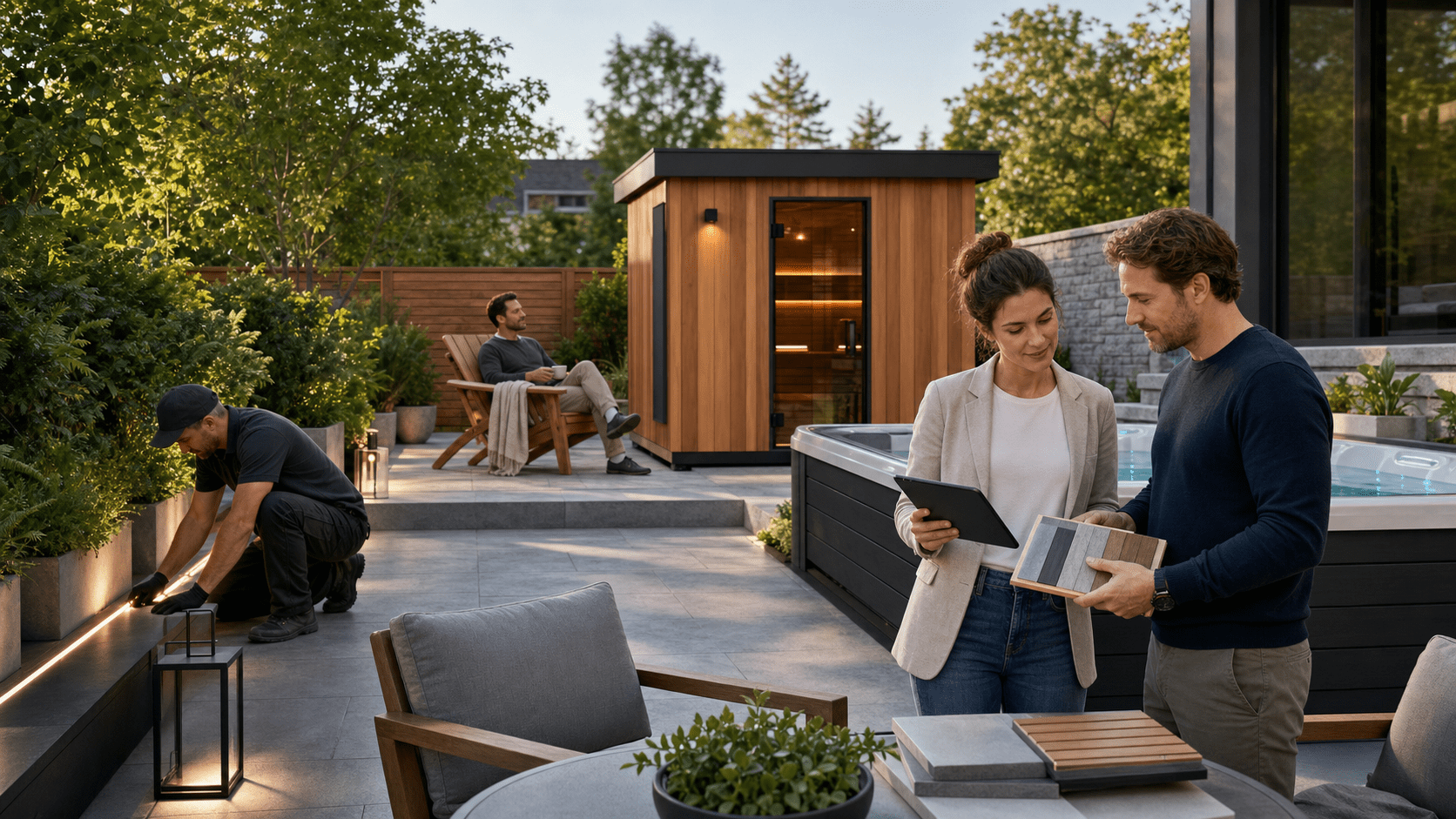 outdoor furniture for seating, entertaining and dining under a custom pergola with an outdoor kitchen and bar