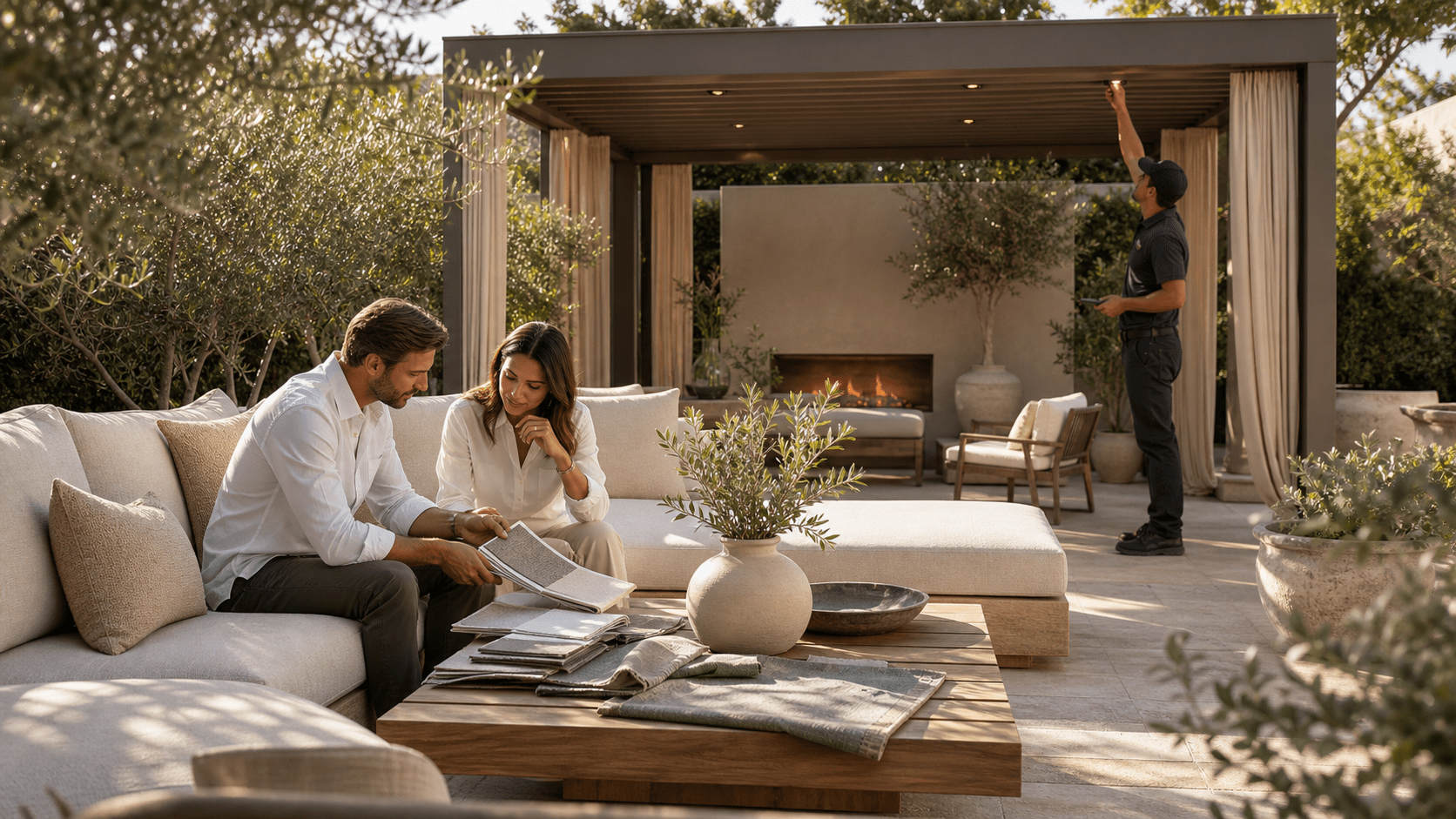 outdoor living room with couches, dining area, bar and outdoor kitchen outdoor furniture for seating, entertaining and dining under a custom pergola with an outdoor kitchen and bar