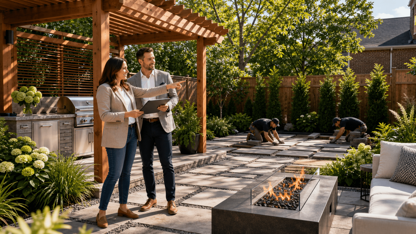 outdoor furniture for seating, entertaining and dining under a custom pergola with an outdoor kitchen and bar