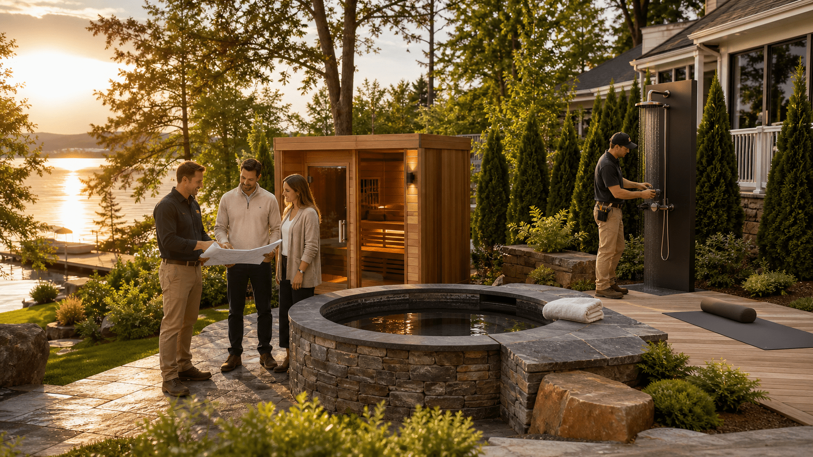 outdoor furniture for seating, entertaining and dining under a custom pergola with an outdoor kitchen and bar
