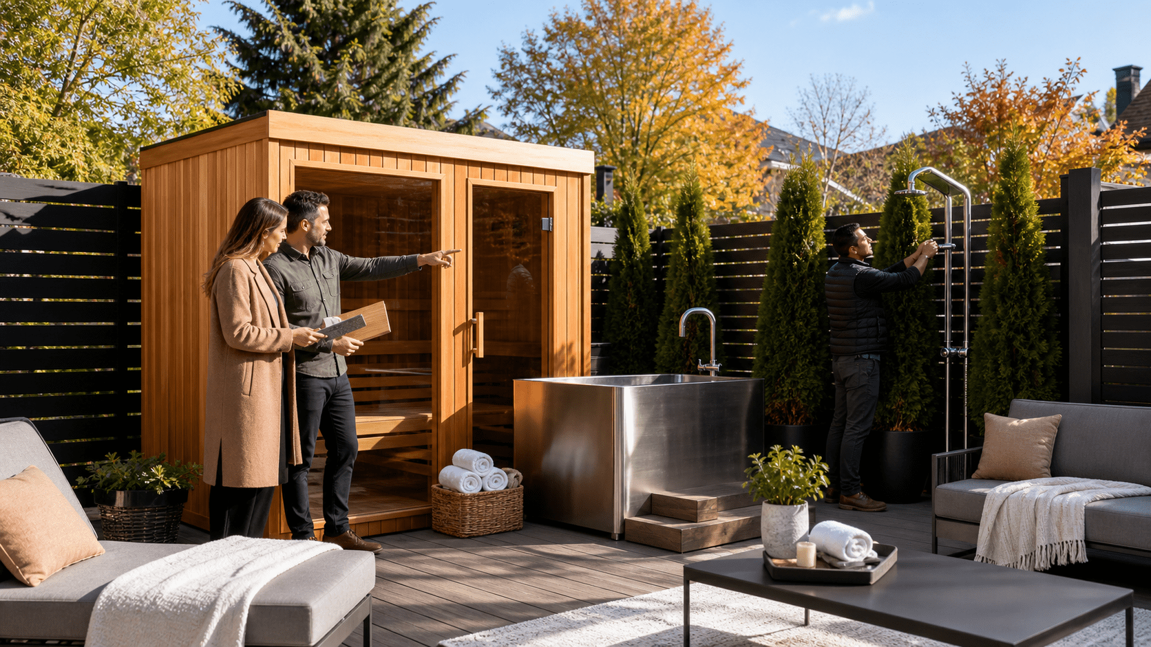 outdoor living room with couches, dining area, bar and outdoor kitchen outdoor furniture for seating, entertaining and dining under a custom pergola with an outdoor kitchen and bar